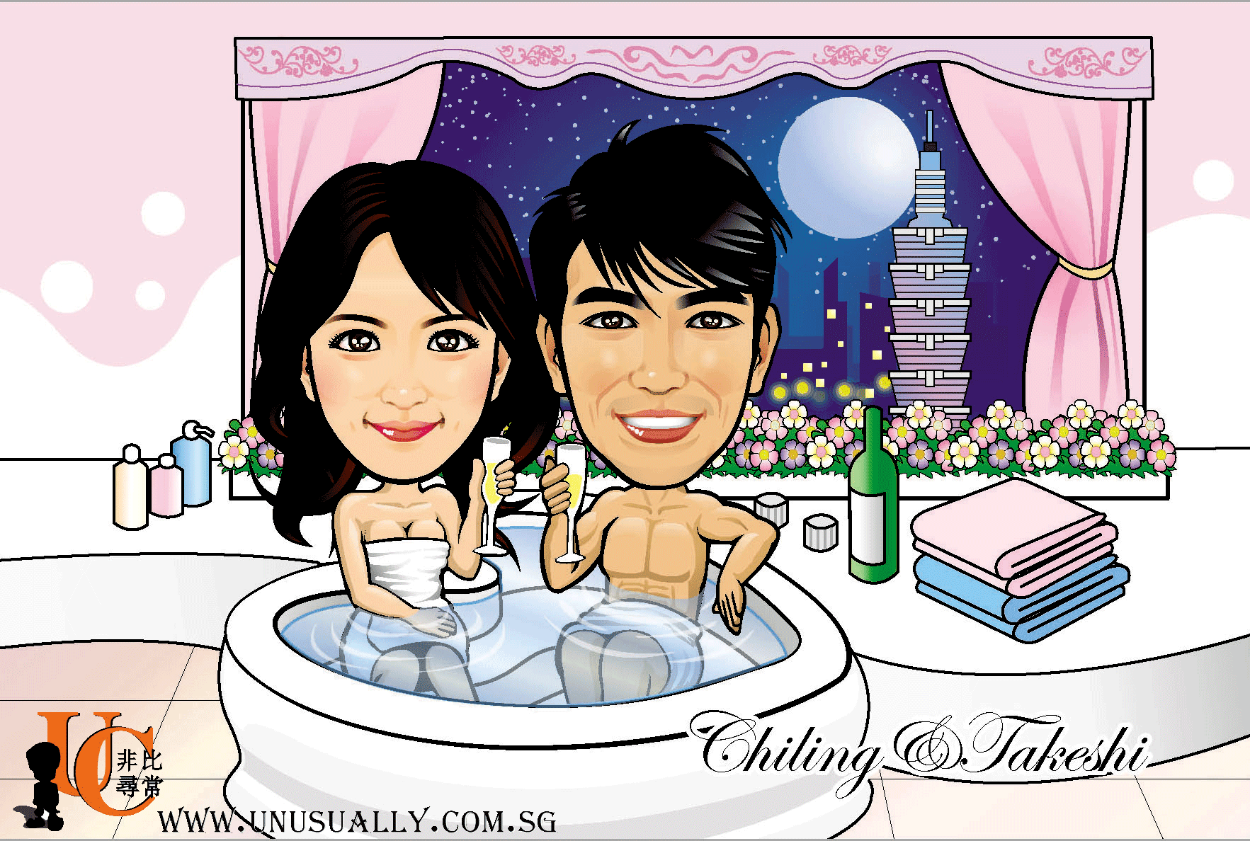 Digital Caricature Drawing - Bathtub Sweet Couple Theme